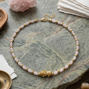 Rosenquarz Pixiu Halskette, ca. 45cm + 5cm extender, gelb vergoldet ca. 50.00 ct