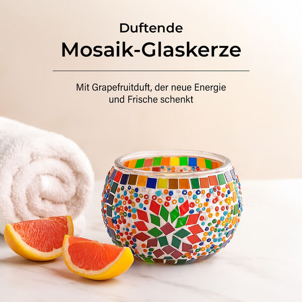 Duftkerze, Mosaikglas, Bunt, Grapefruit, Sojawachs, 10x8cm image number 2