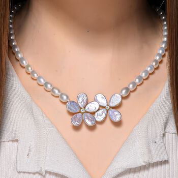 Keshi Perle (12x9 mm), Wei&szlig;e S&uuml;&szlig;wasser Perle (7-8mm) Halskette ca. 50 cm 925 Silber vergoldet