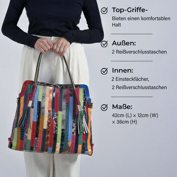 Chaos by Elsie Crossbody-Tasche aus echtem Leder, Multicolor mit gl&auml;nzender Krokopr&auml;gung im Streifenmuster, RFID-Schutz und Mini-Taschenlampe, 42x12x36 cm