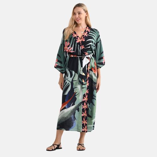Kimono mit Vogel- und Blumenprint, fließende Passform, 78x128 cm, Schwarz