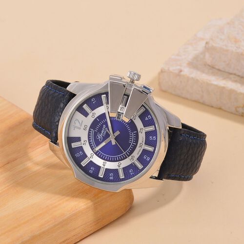 GENOA TIME V2 - Japanisches Datumswerk mit Blauem Lederarmband, Silber-Akzenten und Einzigartigem Zifferblatt-Design, Wasserdicht, 25 cm, ca. 79,00g, blau image number 1