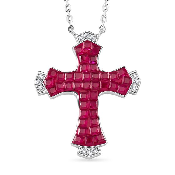 Rubin-Farbe und wei&szlig;er Kreuz Zirkonia Anh&auml;nger mit 45cm Kette