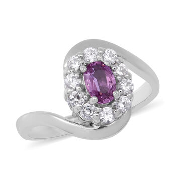 Rosa Saphir und Zirkon-Halo-Bypass-Ring, 925 Silber platiniert, 1,30 ct.