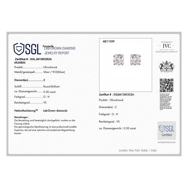 LUXURIANT SGL zertifizierte VS-GH Labor Diamant Ohrringe, 925 Silber rhodiniert - 0,50 ct. image number 9