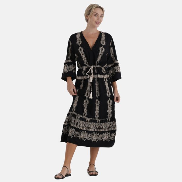 LA MAREY Kleid, V-Ausschnitt, Elastikbund, 125cm, Schwarz-Beige image number 4