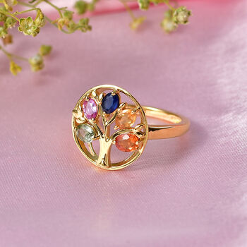 D'Joy Rosa Saphir, Blauer Saphir Ring 925 Silber 750 Gelbgold vermeil (Gr&ouml;&szlig;e 19.00) ca. 1,24 ct