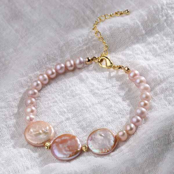 Lila S&uuml;&szlig;wasser Perle (5-7 mm), Lila Keshi Perle (5mm) Armband ca. 19 cm Gelb image number 2