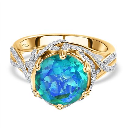 Pfau Triplette Quarz, Wei&szlig;er Zirkon Ringe 925 Silber Gelbgold Vermeil (Gr&ouml;&szlig;e 21.00) ca. 4,94 ct