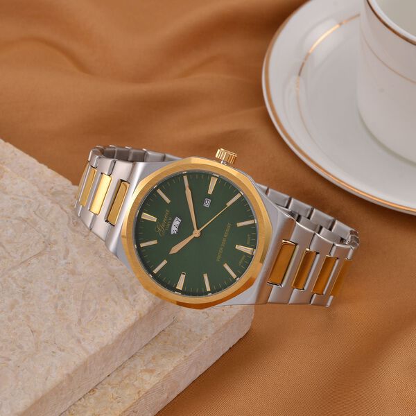 GENOA - Japanisches Uhrwerk, Gr&uuml;nes Sonnenschliff-Zifferblatt mit Balkenindexen, Edelstahl mit Faltschlie&szlig;e, Reiner Edelstahl, Bicolor, 20 cm image number 2