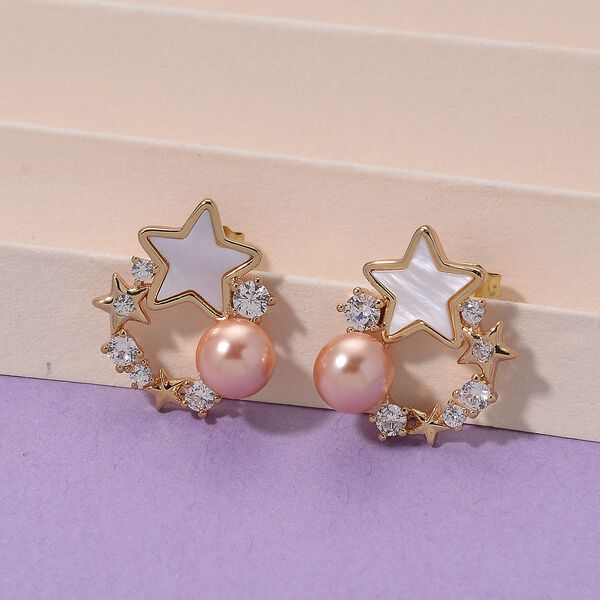 Pfirsich Muschelperle (5-7 mm), Wei&szlig;es Perlmutt Ohrringe, Nickelfreies Messing, golfarben image number 2