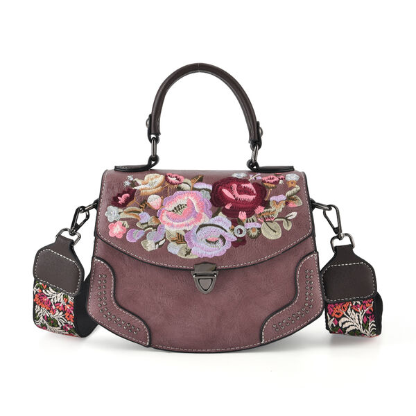 Kompakte Kunstprint Crossbody Tasche mit floralem Design, 23x9x17cm, Lila