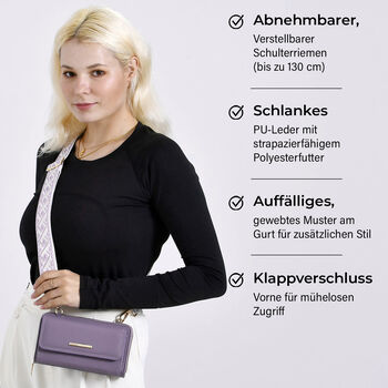 Crossbody-Tasche mit Klappfach, gemustertem Trageriemen und RFID-Schutz - 19x5x11 cm, Lila