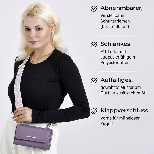 Crossbody-Tasche mit Klappfach, gemustertem Trageriemen und RFID-Schutz - 19x5x11 cm, Lila image number 3