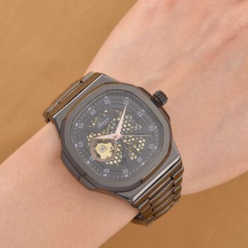 GENOA - Automatikuhr mit Skelett-Design, Edelstahlarmband, 3ATM wasserdicht, Schwarzes Zifferblatt, PNP-Schwarzplattierung, ca. 22 cm