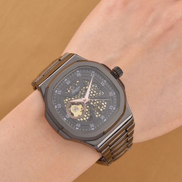 GENOA - Automatikuhr mit Skelett-Design, Edelstahlarmband, 3ATM wasserdicht, Schwarzes Zifferblatt, PNP-Schwarzplattierung, ca. 22 cm image number 2