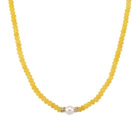 Muschelkernperle-Halskette mit Gelbem Quarzit, verstellbar 40+10cm, goldfarben