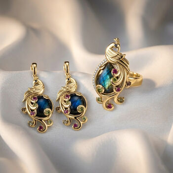 Labradorit, Multi-Turmalin und schwarzer Spinell Anh&auml;nger und Ring