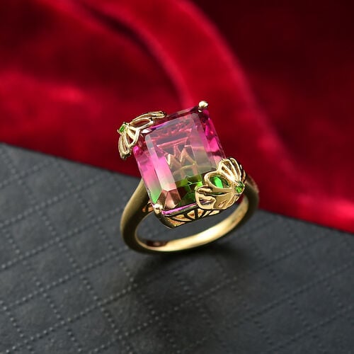 Lotus Ember - D joy Wassermelonen Quarz Triplette, Natürlicher Chromdiopsid Ring 925 Silber 750 Gelbgold Vermeil (Größe 17.00) ca. 11,58 ct image number 1