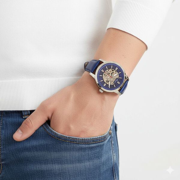 GENOA TIME V2 Automatikuhr mit mechanischem Automatikwerk, Zifferblatt Blau mit Sonnenschliff und offenem Design, Lederarmband Blau, 3 ATM wasserdicht image number 3