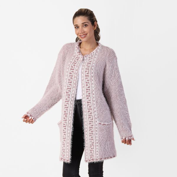 Langer Cardigan mit Taschen und Knopf, gestrickt, Einheitsgr&ouml;&szlig;e Rosa image number 3