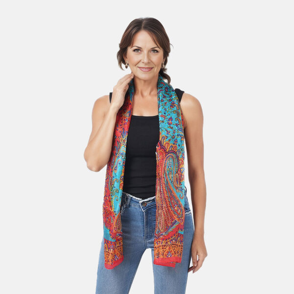 Bedruckter Satin-Seidenschal, 48x160cm, Blau image number 2