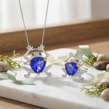 GP Trifono Kollektion- Tansanit-Farbe Quarz, Chromdiopsid und blauer Saphir zweifarbiger Ring und Anh&auml;nger mit 50cm Kette