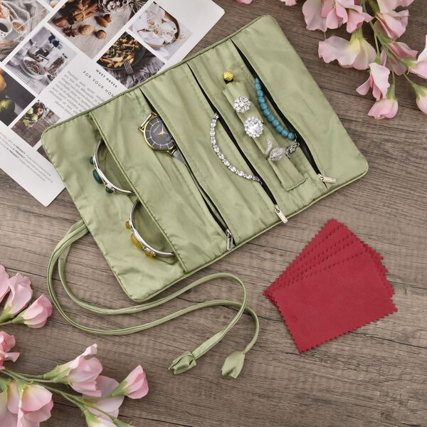 Schmuckorganizer aus Satin mit Stickerei und 5 Premium-Poliertüchern, 20x9cm, Olive image number 14