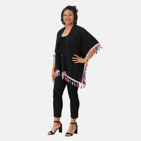 Chiffon Kimono mit mehrfarbigen Quasten, Schwarz image number 3