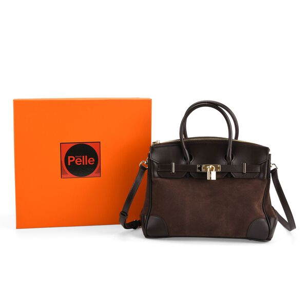 Grand Pelle Echtleder Crossbody Tasche mit Rei&szlig;verschluss und Schlossoptik, 30x16x23cm, Kaffebraun image number 9