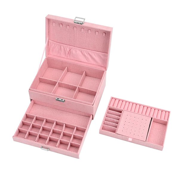 3-schichtige Schmuckbox aus Samt mit 5 Silberputzt&uuml;chern in Rosa, 24,5x17x11,5cm image number 6