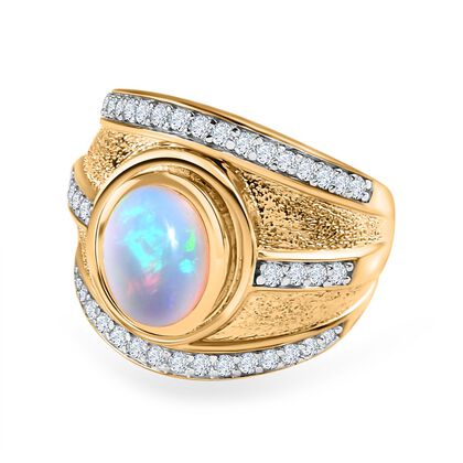 AA Nat&uuml;rlicher, &auml;thiopischer Welo Opal, Wei&szlig;er Zirkon Ring, 925 Silber Gelbgold Vermeil, (Gr&ouml;&szlig;e 16.00) ca. 2.35 ct