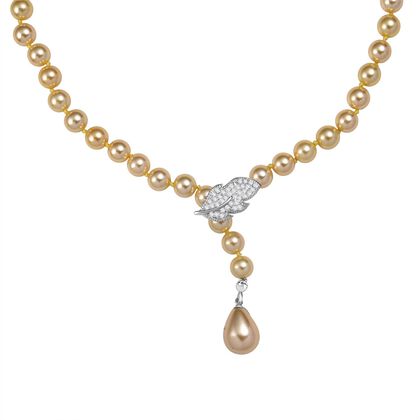 Goldene Farbe Muschelkernperle (8mm), Wei&szlig;er Zirkonia Halskette ca. 60 cm Nickelfreies Messing