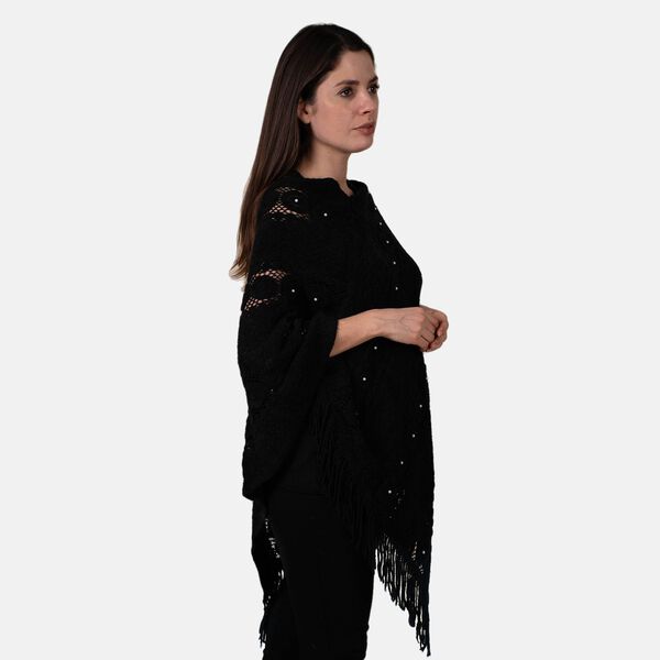 TAMSY- Strick-Poncho mit Perlen, Schwarz image number 1
