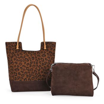 2er-Set Echtleder-Taschen, Shopper und Umh&auml;ngetasche mit trendigem Leopardenmuster, Dunkelbraun