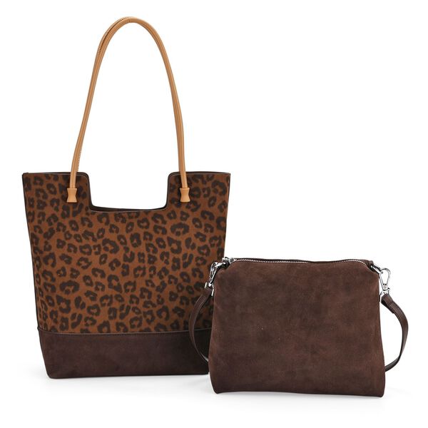 2er-Set Echtleder-Taschen, Shopper und Umh&auml;ngetasche mit trendigem Leopardenmuster, Dunkelbraun