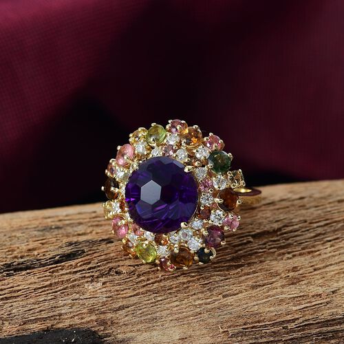 AA Afrikanischer Amethyst, Mehrfarbig-Turmalin Ring 925 Silber 750 Gelbgold Vermeil (Größe 19.00) ca. 11,39 ct image number 1