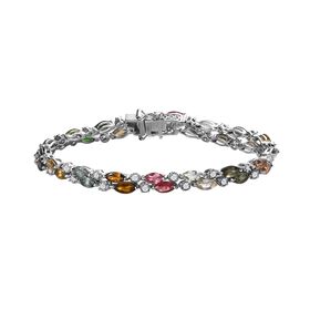 Mehrfach-Turmalin, Weißer Zirkon Armband ca. 20 cm 925 Silber platiniert ca. 13,40 ct.