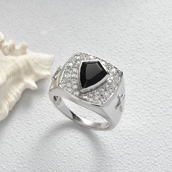 EVER TRUE AA Nat&uuml;rlich Schwarzer Obsidian, Wei&szlig;er Zirkonia Ring Nickelfreies Messing (Gr&ouml;&szlig;e 18.00) 5.78 ct image number 1