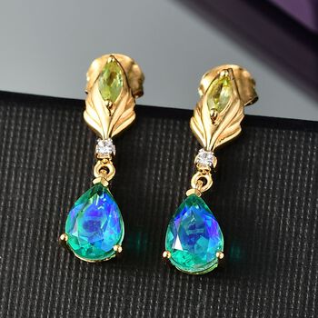 Pfau Quarz Triplette, Peridot Ohrringe 925 Silber 750 Gelb Vergoldet ca. 2.96 ct