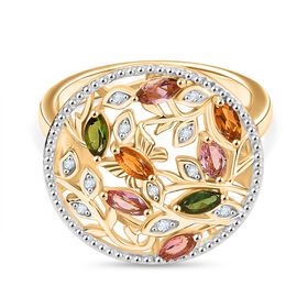 D’joy Mehrfarbig-Turmalin, Weißer Zirkon Ring 925 Silber 750 Gelb Vergoldet (Größe 17.00) ca. 0,99 ct