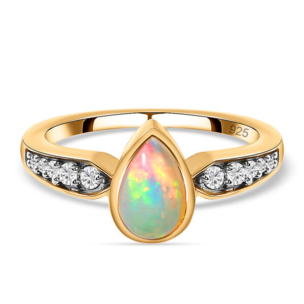 Nat&uuml;rlicher, &auml;thiopischer Opal und wei&szlig;er Zirkon-Ring, 925 Silber vergoldet  ca. 0,80 ct