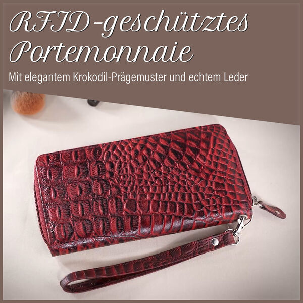 RFID-gesch&uuml;tzte Brieftasche aus 100% echtem Leder mit Kroko-Pr&auml;gung und abnehmbarer Trageschlaufe, Dunkelrot image number 2
