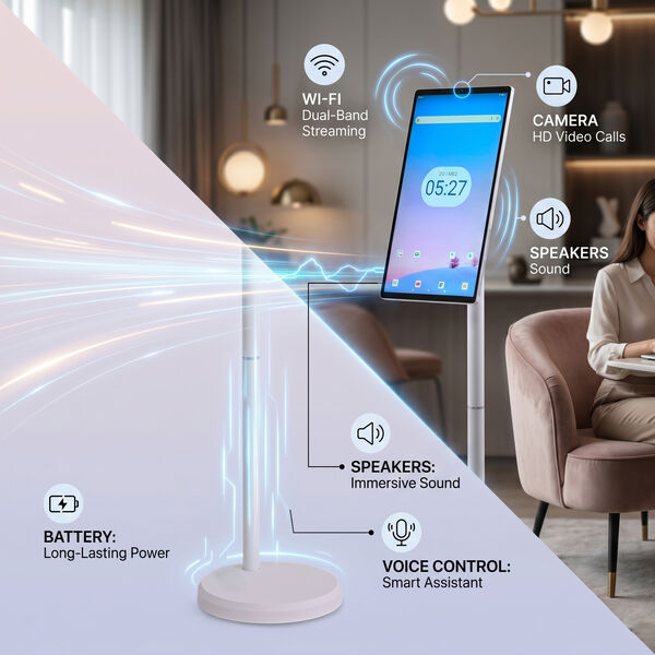 "D01 Smart stand display TV display 21.5INCH OS:aNDROID 15 Solution:MTK8786 Brightness:200-250cd/m2 Resolution ips:1080*1920/60hZ Memory:4G+64GB Color Gamut:sRGB100% WIFI:DUAL-BAND wIFI2.4G+5G Battery:6000Mah Speaaker:3w*2.4Q Camera:8MP Bulid-in color:whi image number 5