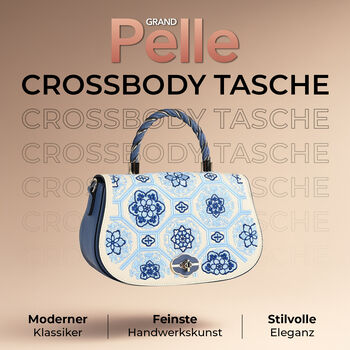 GRAND PELLE Umh&auml;ngetasche aus echtem Leder, Florale Gitterstickerei, mit Tragegriff und Schulterriemen, 23&times;9&times;13 cm, Blau