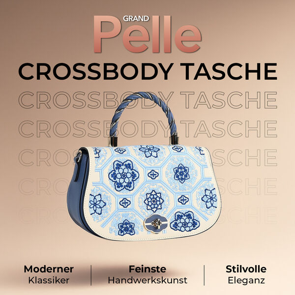 GRAND PELLE Umh&auml;ngetasche aus echtem Leder, Florale Gitterstickerei, mit Tragegriff und Schulterriemen, 23&times;9&times;13 cm, Blau image number 2