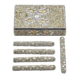 Perlenverziertes Schreibset 6 teilig, Tagebuch 10 x 15 cm, Aufbewahrungsbox, 5 Kugelschreiber, Silber