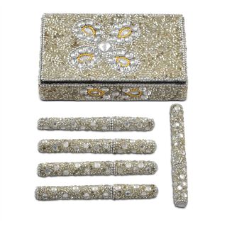 Perlenverziertes Schreibset 6 teilig, Tagebuch 10 x 15 cm, Aufbewahrungsbox, 5 Kugelschreiber, Silber