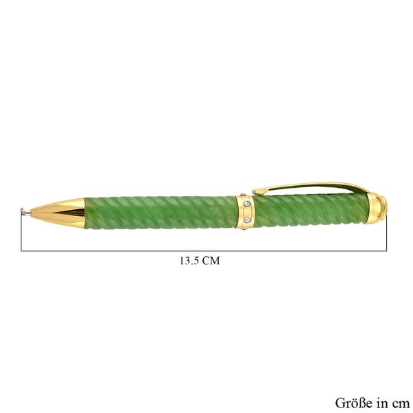 13.4*1.3cm(5.25*0.63inch  )carving Twisted Burmese Natural Green Jadeite pen ( ball pen) ,white crystal,metal:Alloy,plating:YG overlay,cutting on metal,approx weight:44.1grams image number 5
