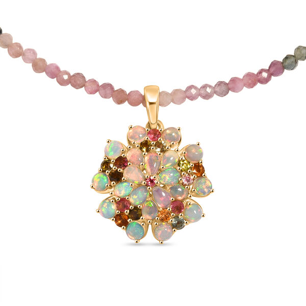 D'Joy Mehrfarbig-Turmalin, Nat&uuml;rlicher, &auml;thiopischer Welo Opal Schmuckset ca. 45 cm 925 Silber 750 Gelbgold Vermeil ca. 31.97 ct